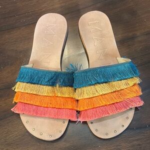 😎Manebi Multicolor Rainbow Raffia Fringe leather sole slide sandals